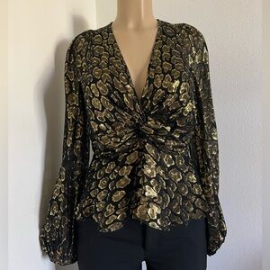 A.L.C. Metallic Leopard Print Silk Blend Blouse Black Gold Size 8